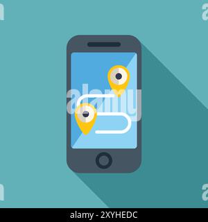 Smartphone che mostra la strada con due pin di posizione sullo schermo, concetto di navigazione e tracciamento Illustrazione Vettoriale