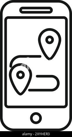 Semplice icona a forma di linea di uno smartphone che mostra un percorso con due spille della mappa, per un'app di navigazione gps Illustrazione Vettoriale
