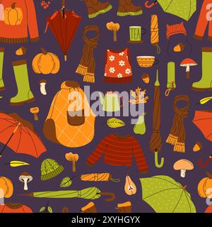 Motivo senza cuciture per la stagione autunnale. Accogliente set autunnale con maglione, ombrelloni e funghi. Illustrazione vettoriale. Illustrazione Vettoriale