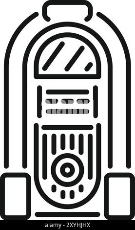 Semplice icona line art di un jukebox vintage che riproduce musica, isolata su uno sfondo bianco Illustrazione Vettoriale