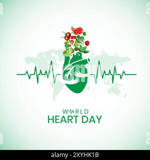 Giornata Mondiale della salute banner poster di sfondo social media progettazione di copertine web concetto creativo idea unica. Design di cuore e stetoscopio per la giornata della salute. Illustrazione Vettoriale