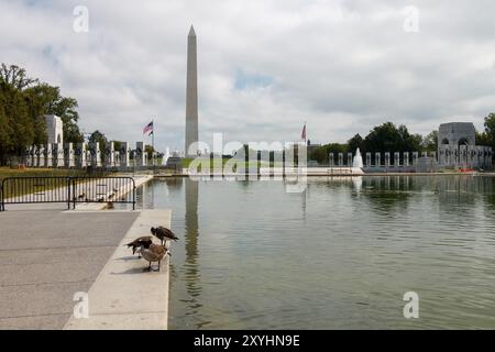 L'obelisco del monumento a Washington e il memoriale della seconda guerra mondiale a Washington DC, USA Foto Stock