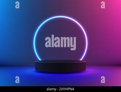 Il podio nero 3D si trova in una stanza buia, illuminata da un anello al neon blu e rosa. Il moderno concetto tecnologico è perfetto per l'esposizione dei prodotti, il mocku Illustrazione Vettoriale