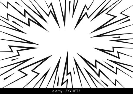 Effetto tuono comico su sfondo bianco. Linee elettriche per fulmini e flash cartoon. Grafica vettore anime di burst. Energia elettrica astratta e. Illustrazione Vettoriale