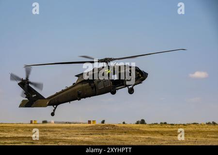 Una 1st Cavalry Division UH-60 Black Hawk partecipa all'addestramento con la 10th Mountain Division alla base aerea di Mihail Kogălniceanu, Romania. La missione della 1st Cavalry Division è quella di impegnarsi in attività di formazione ed esercitazioni multinazionali in tutto il continente, rafforzando l’interoperabilità con gli alleati della NATO e i partner per la sicurezza regionale, che fornisce forze competenti e pronte al V Corps, il corpo americano schierato in avanti in Europa. (Foto U.S. Army di SPC. David Dumas) Foto Stock