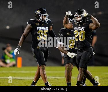 29 agosto 2024: Il linebacker dei Colorado Buffaloes LaVonta Bentley (20) celebra il suo sack nella seconda metà della partita di football tra Colorado e North Dakota State a Boulder, CO. Derek Regensburger/CSM. Foto Stock