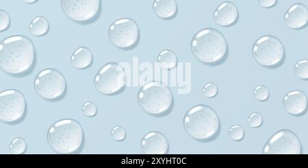 Gocce di siero su sfondo blu, gocce di gel trasparente, liquido lucido realistico Illustrazione Vettoriale