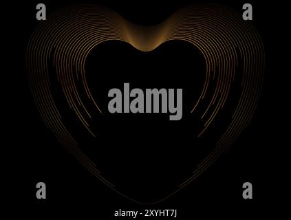 Lussuoso sfondo dorato di San Valentino con cuore lineare. Biglietto d'auguri dal design vettoriale retrò Illustrazione Vettoriale