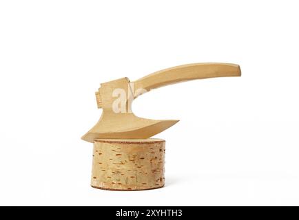 AX su un ceppo, scolpito in legno isolato su sfondo bianco. Ascia sul blocco di trinciatura Foto Stock