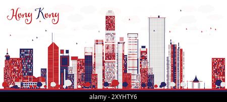 Skyline della città cinese di Hong Kong con edifici colorati. Illustrazione vettoriale. Paesaggio urbano con punti di riferimento. Illustrazione Vettoriale