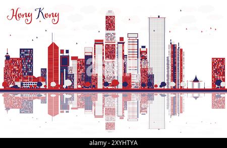 Skyline della città cinese di Hong Kong con edifici colorati e riflessi. Illustrazione vettoriale. Paesaggio urbano con punti di riferimento. Illustrazione Vettoriale