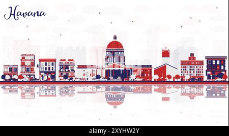 Astratto skyline della città di Cuba a l'Avana con edifici colorati e riflessi. Illustrazione vettoriale. Paesaggio urbano con punti di riferimento. Illustrazione Vettoriale