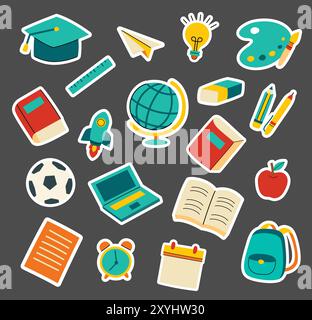 Set di adesivi per il ritorno a scuola. Oggetti e simboli disegnati a mano per l'istruzione. Illustrazione Vettoriale