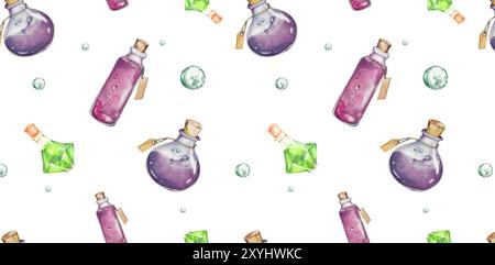 Tema Halloween della collezione. Composizione acquerello. Ripetizione senza giunture. Bottiglia diversa con pozione. In toni lilla. Per pacchetti festivi, cartoline, Foto Stock