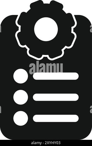Icona di glifo nero che raffigura un piano d'azione con ruota dentata, che rappresenta la pianificazione strategica e la gestione delle attività Illustrazione Vettoriale