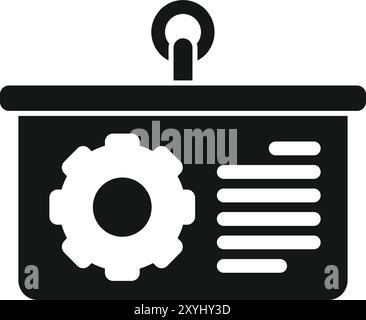 Icona a forma di glifo nera per la scheda di gestione del progetto con ingranaggio e testo che rappresentano il piano strategico Illustrazione Vettoriale