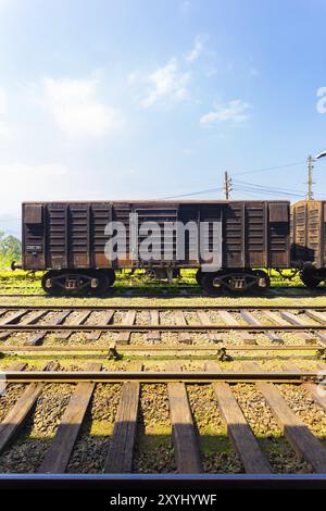 Vista laterale di una vecchia carrozza cargo arrugginita e stazionaria parcheggiata sui binari del treno, parte delle Ferrovie dello Sri Lanka, in una giornata di cielo blu. Verticale Foto Stock