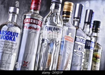 Bottiglie di diversi marchi globali di vodka Foto Stock