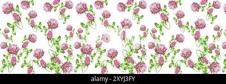 Illustrazioni luminose con acquerello. Prato, fiori, trifoglio. Atmosfera estiva. Ripetizione senza giunture. Per cartoline, inviti, progettazione di siti Web, imballaggio Foto Stock
