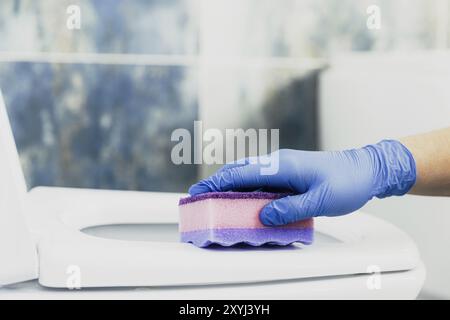 Primo piano su una mano donna indossata con guanti protettivi in gomma blu. Casalinga pulizia wc ciotola, seduta con liquido detergente, salvietta bagnata in bagno, riposo Foto Stock