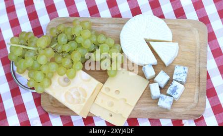 Vari tipi di formaggio con uve bianche Foto Stock