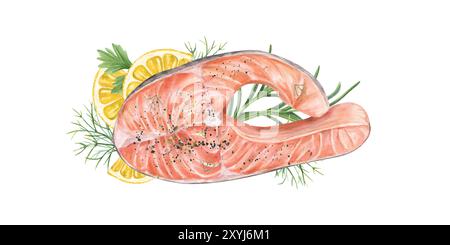 Bistecca di salmone crudo al vapore su fette di limone e illustrazione degli acquerelli freschi. Pasto sano con trota e rosmarino, prezzemolo, aneto Foto Stock