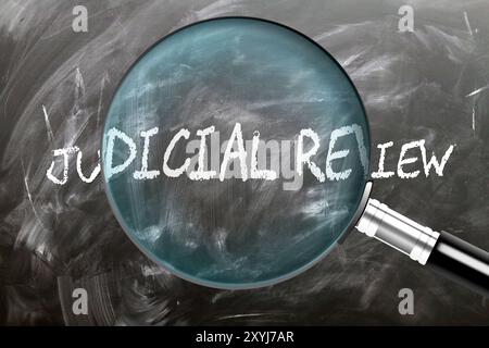 Revisione giudiziaria - impararlo, studiarlo e ispezionarlo. Un esame più approfondito del controllo giurisdizionale. Una lente d'ingrandimento che allarga la parola "controllo giurisdizionale” scritta su Foto Stock