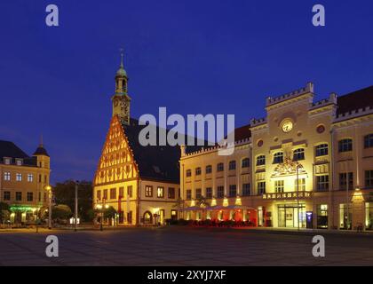 Il municipio di Zwickau e la notte del Gewandhaus, il municipio di Zwickau la notte dell'1 Foto Stock