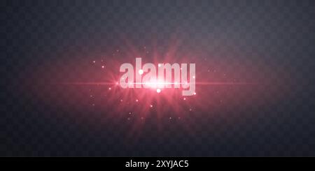 Lensflare orizzontale rossa. Luce lampeggiante con raggi o faretti e bokeh. Effetto luce brillante rosso. Illustrazione vettoriale. Isolato su trasparente scuro Illustrazione Vettoriale