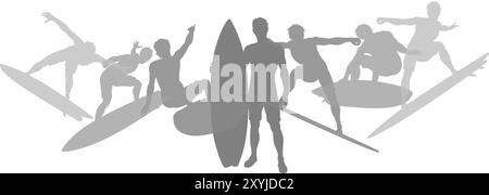 Surfers Surf on Surf Boards Concept silhouette Illustrazione Vettoriale