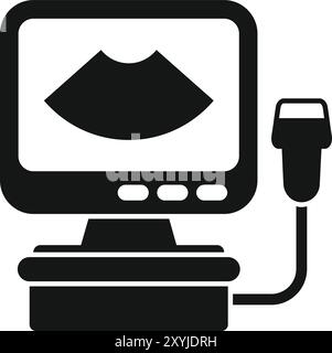 Icona in bianco e nero di una macchina ecografica che visualizza un feto, ideale per rappresentare l'assistenza prenatale e la diagnostica Illustrazione Vettoriale