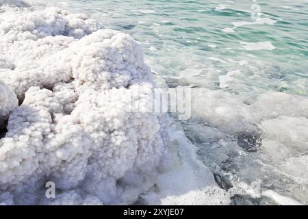 Le precipitazioni di sale sulla riva del mare morto in giordania Foto Stock