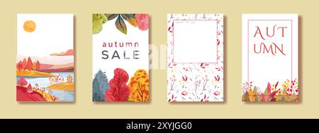 Una serie di poster verticali con cartoline autunnali. Colline paesaggistiche. Bella casa. Saldi autunnali. Invito alla vendita. Copertina di riviste e libri. Vettore disegnato da Hamd Illustrazione Vettoriale