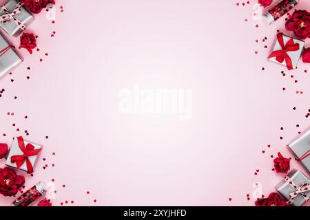 Modello di biglietto per San Valentino o per il giorno della mamma, messaggio di saluto o invito per il matrimonio. Vista dall'alto su sfondo rosa con scatole regalo di carta con Foto Stock