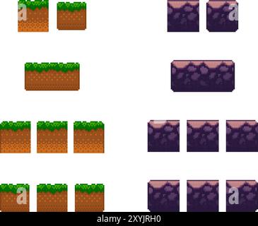 Raccolta di texture pixel ground senza cuciture per piattaforme di gioco. Illustrazione vettoriale della superficie di erba e roccia Illustrazione Vettoriale
