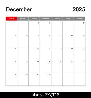 Modello calendario parete per dicembre 2025. Organizzatore di eventi e vacanze, la settimana inizia la domenica. Modello vettoriale. Illustrazione Vettoriale