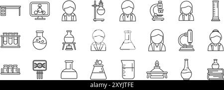 Set di icone per laboratori universitari per studenti. Gli scienziati e le loro apparecchiature sono rappresentati in questo set di icone di linea perfetto per siti web e infografiche Illustrazione Vettoriale