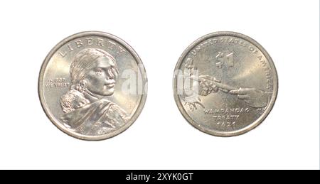 2011 Sacagawea Dollar Coin WAMPANOAG TRATTATO 1621 che porta il suo giovane figlio, Jean Baptiste. Rovesciare il lato con le mani del Supremo Sachem Ousamequin Massasoit Foto Stock