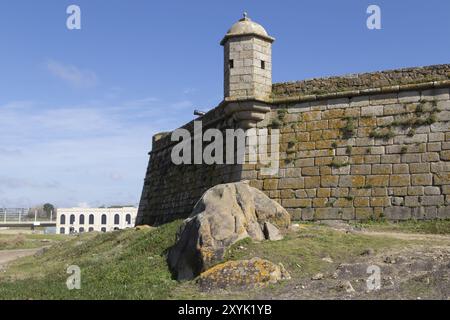 Luogo di interesse forte de Sao Francisco Xavier Castle sulla spiaggia Praia de Matosinhos a Matosinhos, regione del Norte, distretto di Porto, Portogallo, Europa Foto Stock