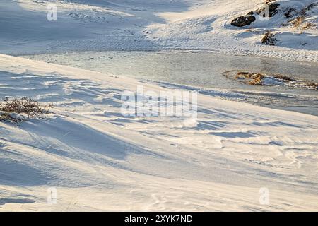 Lago ghiacciato nella zona di Vifilstadir a Gardabaer all'alba, Islanda, Europa Foto Stock