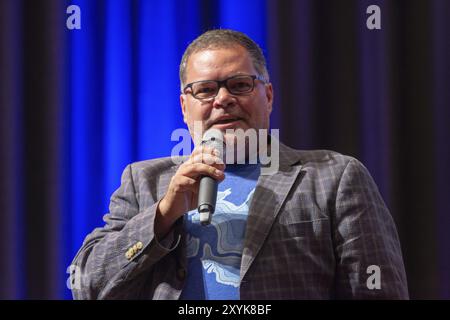 BONN, GERMANIA, 19 MAGGIO 2018: Aaron Douglas (*1971, attore canadese, Battlestar Galactica) parla delle sue esperienze in Battlestar Galactica a Fedco Foto Stock