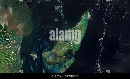 Mafia Island nell'Oceano Indiano su un'immagine satellitare scattata l'11 gennaio 2020 Foto Stock