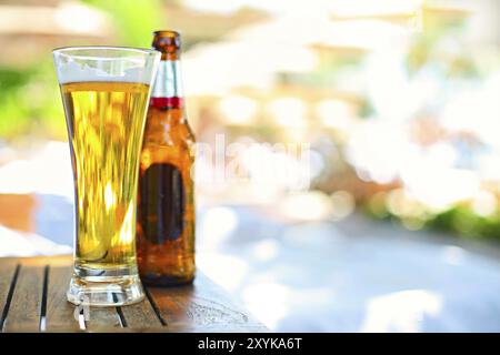 Vista ingrandita della bottiglia di birra e il vetro nel giardino con spazio di copia Foto Stock