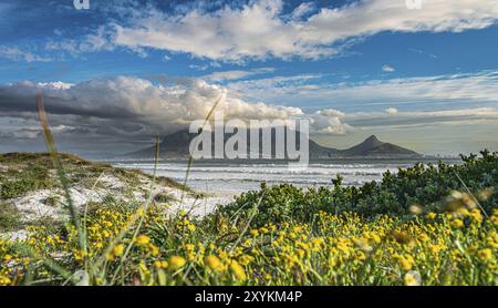 Vista di città del Capo da Bloubergstrand al tramonto, Sudafrica, Africa Foto Stock