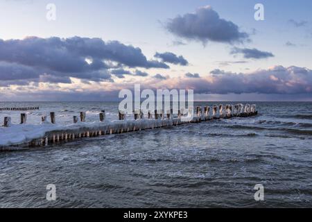 Groyne sulla costa baltica vicino a Zingst in inverno Foto Stock