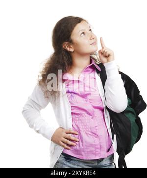 Schoolgirl con zaino isolato su bianco Foto Stock