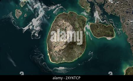 Prince Charles Island nei passaggi nord-occidentali su un'immagine satellitare scattata il 29 agosto 2021 Foto Stock