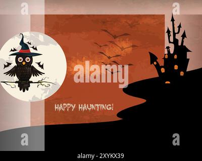 Un poster a tema Halloween con un gufo sopra e le parole Happy Haunting scritte di seguito. Il gufo è arroccato su un ramo e ci sono diversi uccelli che volano Illustrazione Vettoriale