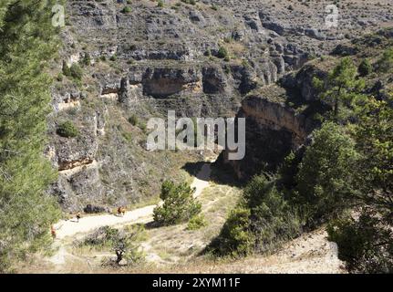 Canoisti nella gola sulla strada per il fiume Duraton, il Parco naturale Hoces del Rio Duraton, la provincia di Segovia, Castiglia e León, Spagna, Europa Foto Stock