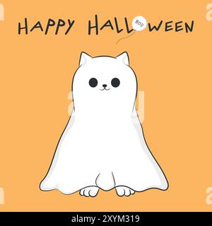 Buon biglietto di auguri di Halloween con un simpatico gatto fantasma. Gatto in un foglio fantasma. Illustrazione vettoriale Illustrazione Vettoriale